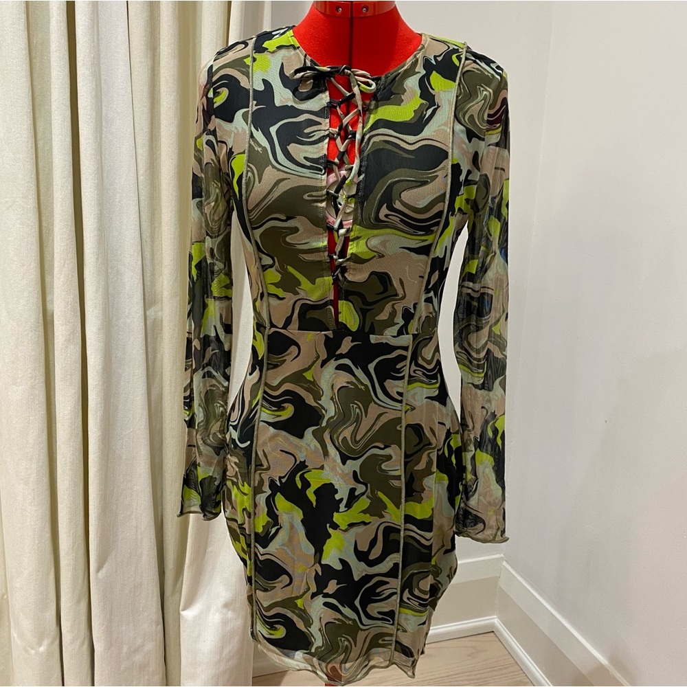 H&M Khaki Green/Patterned Mini Dress, Tie-Up, Mesh, Defined Seams, Women’s, US M